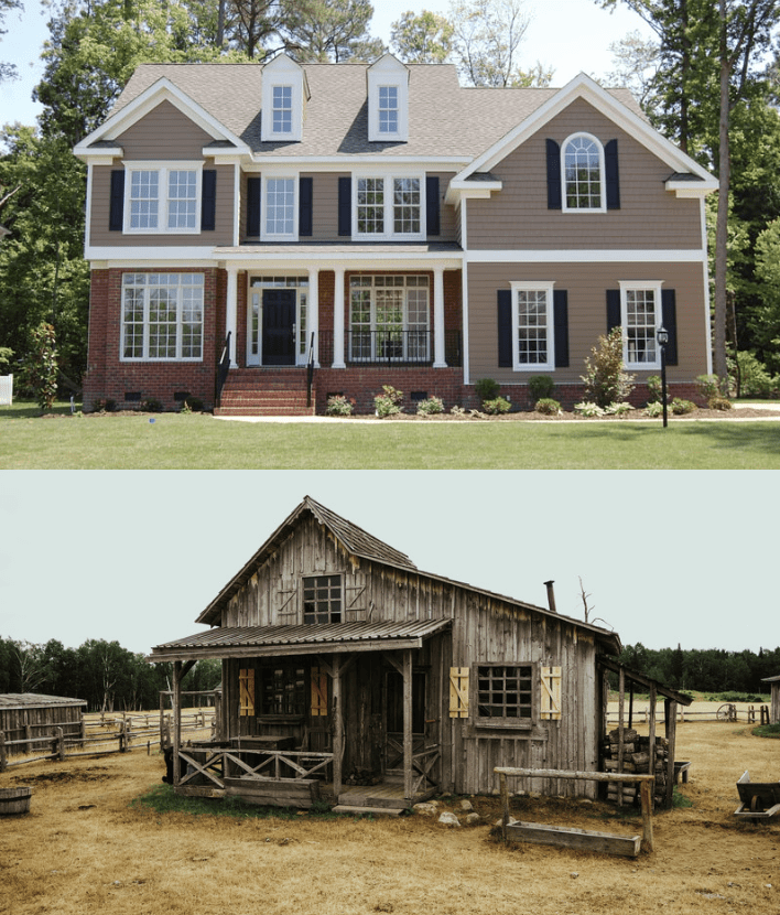 Photo of a neo-Colonial modern home positioned above a photo of a rustic clapboard farm shack.